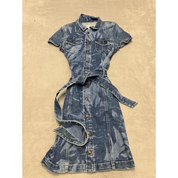Guess Denim Shirt Dress Womens Medium Blue Belted Snap Button Leaf Print Pockets - Picture 1 of 8